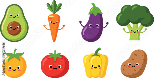  Collection of cute vegetable character vector icons including avocado carrot eggplant broccoli tomato pepper potato and orange illustrations