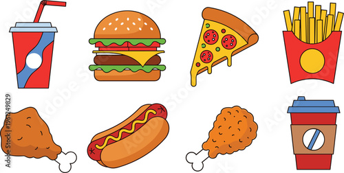  Collection of fast food vector icons including burger pizza fries soda hotdog fried chicken and coffee illustrations