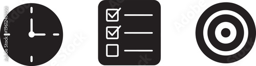 Productivity and management icon set featuring clock face task checklist and target goal symbol.
