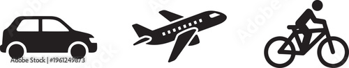 Classic travel icons collection including vintage sedan automobile jet plane and steam locomotive train.