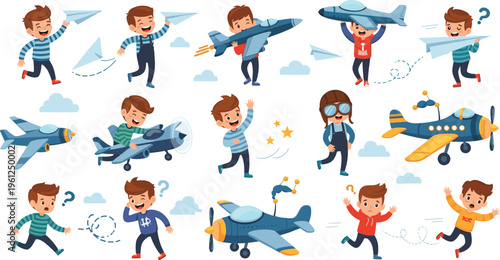 Kids playing with toy airplanes, children flying paper planes, happy boys aviation playtime cartoon scene,