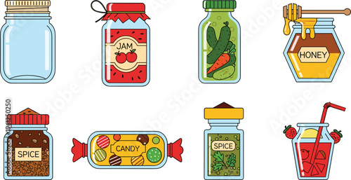  Collection of food storage vector icons including jars jam honey spices candy pickles and juice drink illustrations