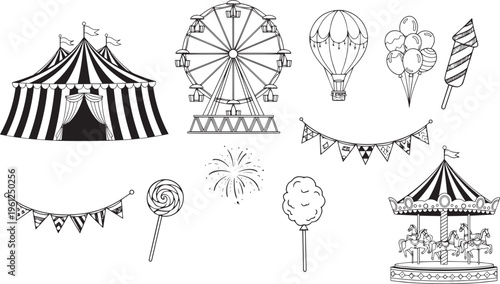 Line art vector set of amusement park and carnival icons isolated