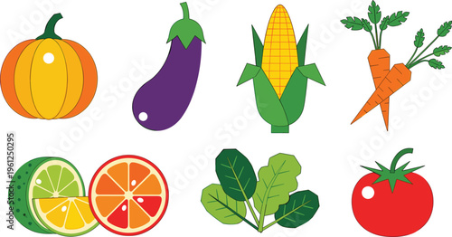  Collection of fresh vegetable and fruit vector icons including pumpkin eggplant corn carrots citrus spinach and tomato illustrations