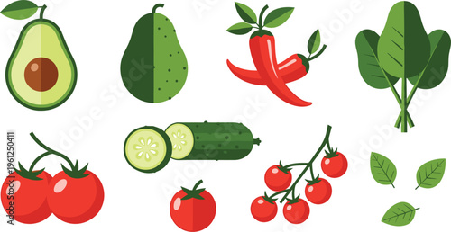  Collection of fresh vegetable vector icons including avocado pear chili cucumber spinach tomatoes and leaves illustrations set