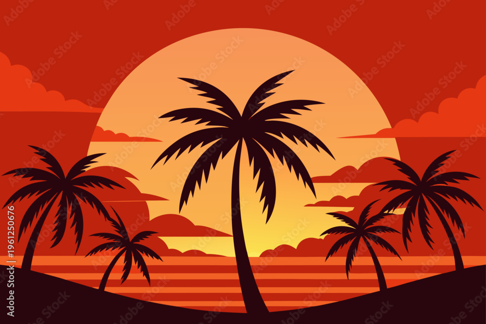 Fototapeta premium Bright Red Sun Sinking Behind Tropical Palm Trees Scene