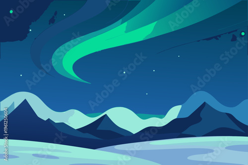 Aurora Lights Shimmering Above Snowy Tundra Landscape