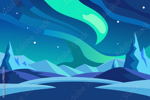 Aurora Curtain Shimmering Above Frozen Tundra Landscape