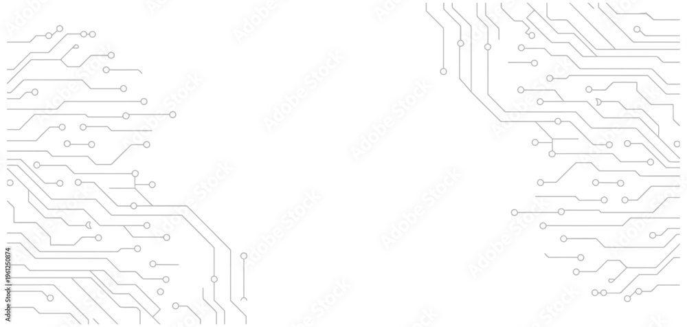 Obraz premium Abstract circuit board pattern with connected lines and nodes on a white background, technology concept.