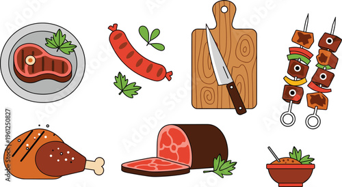  Collection of meat food vector icons including steak sausage chicken drumstick kebab cutting board knife and herbs illustrations