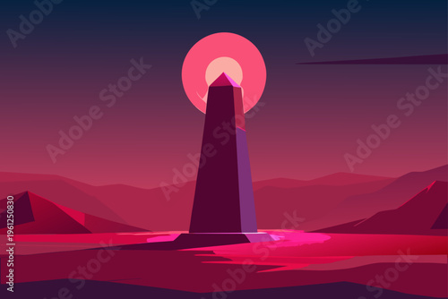 Desert Monolith Glowing In Crimson Horizon Landscape Scene
