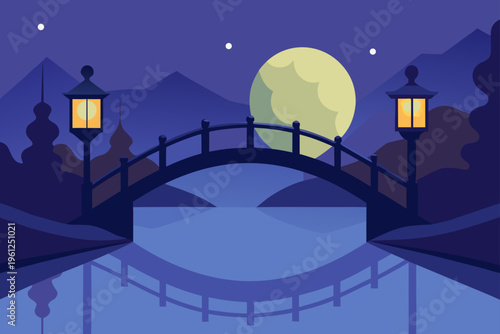 Lantern Lit Bridge Spanning Calm Reflective River Scene