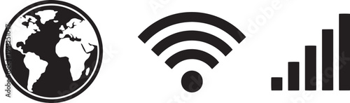 Earth continents wifi signal and bar chart icons representing global connection wireless technology and data analytics.