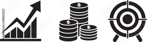 Business graph with upward arrow coins and target icons symbolizing growth investment and success.