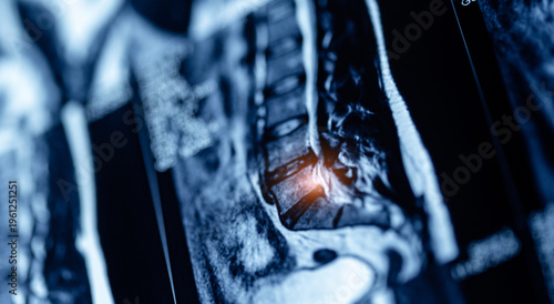 Fotografie Mri scan of spine showing disc protrusion in vertebrae with sunlight