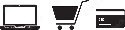E-commerce shopping icons set including laptop computer supermarket cart and credit card for online payment concept.