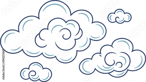 Cartoon explosive smoke clouds set with blue outlines and highlights