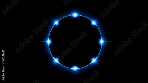 Glowing blue circle with bright stars on black background for design