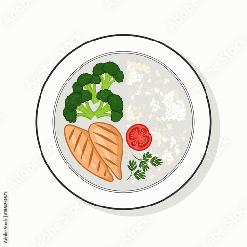 Grilled salmon fillet with vegetables served on round plate