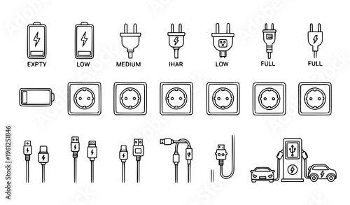 Editable Charging and Power Vector Icons – Linear Outline Collection