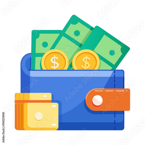 Blue wallet filled with coins and cash on white background