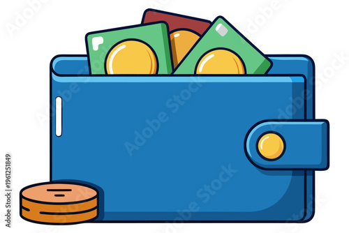 Blue wallet holding coins and banknotes on white background