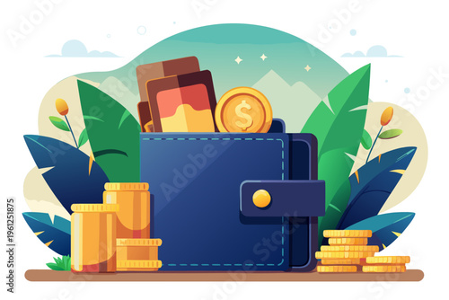 Blue leather wallet with coins and cards in outdoor setting