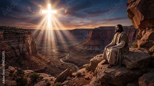 Jesus in the Wilderness with Glowing Cross