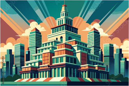 Monumental tiered building standing against urban skyline