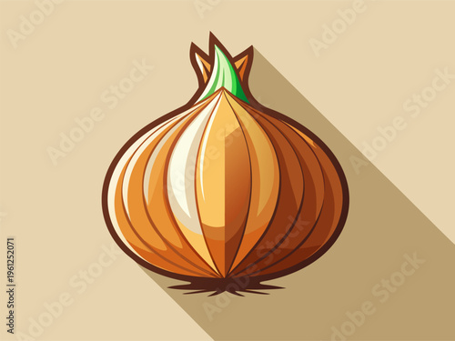 Onion bulb illustrated with long shadow on beige surface