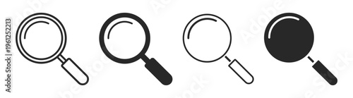 Search icon set, magnifying glass vector collection, outline and solid symbols, black minimal design, isolated illustration on transparent background