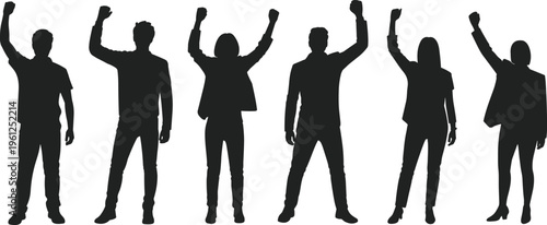Silhouette of diverse group of people with raised fists in a gesture of unity and protest