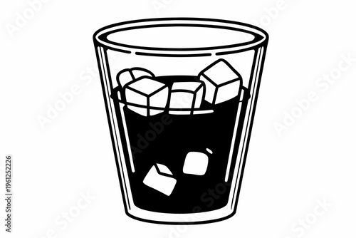 Glass with ice cubes and dark beverage on white background