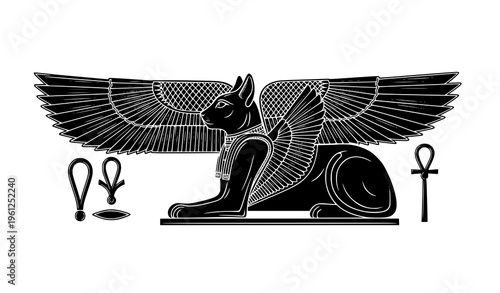 Ancient Egyptian Winged Sphinx Cat God – Tomb Hieroglyph Silhouette Vector