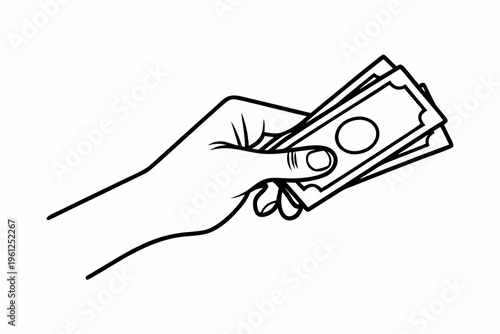 Hand gripping several folded banknotes between fingers on white