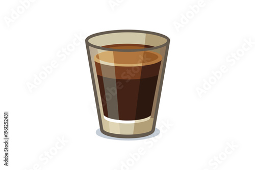 Shot glass filled with dark coffee on white background