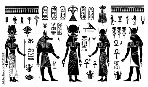 Egyptian Culture Vector Background – Gods and Goddesses on Papyrus with Hieroglyphs