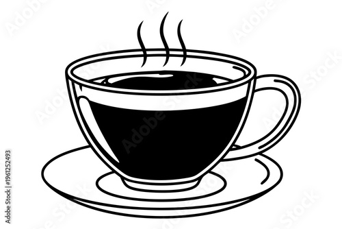 Steaming coffee cup on saucer isolated white background