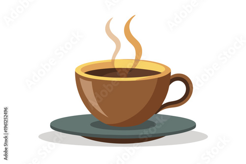 Coffee cup steaming on gray saucer isolated on white illustration