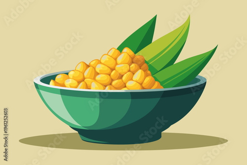 Bowl of corn kernels with leaves on beige studio background