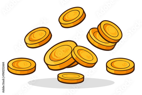 Stacked and falling gold coins casting shadow on white