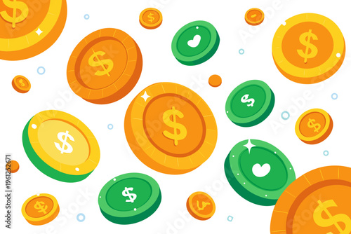 Assorted green and gold coins scattered over white background