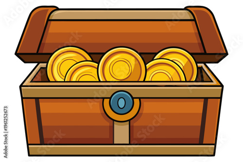 Treasure chest overflowing with gold coins on white background