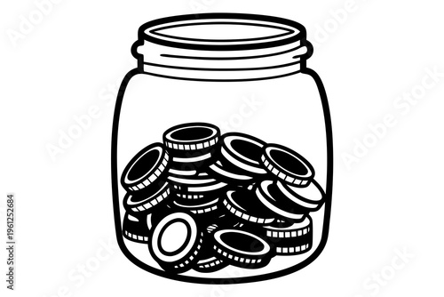 Transparent jar holding loose coins on white background