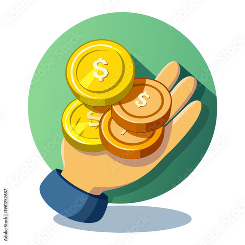 Hand holding multiple gold coins in green circular backdrop