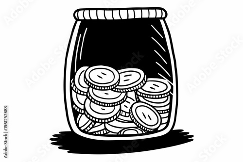 Glass jar filled with stacked coins on white surface