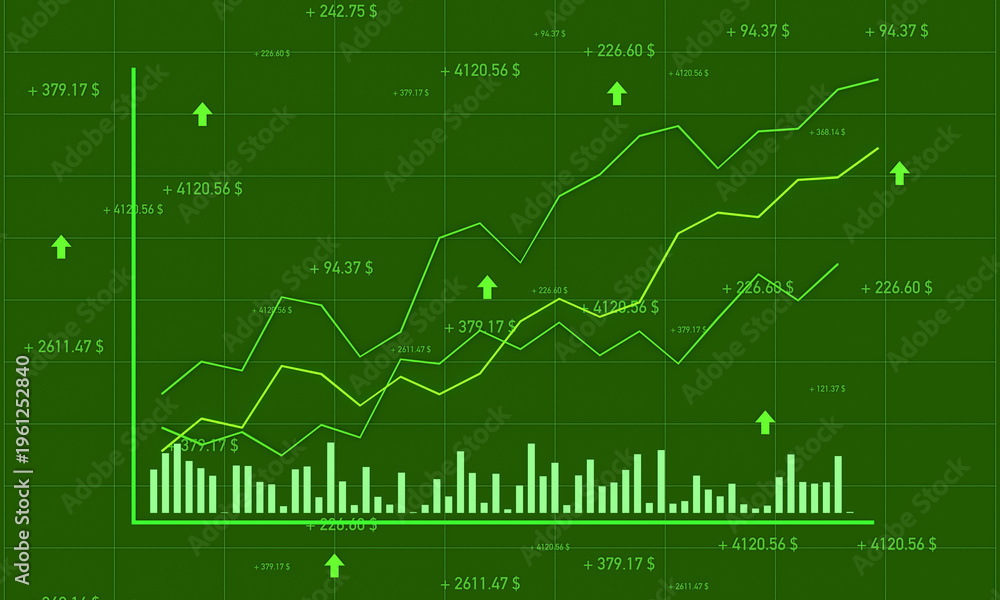 Fototapeta premium Green diagram with rising graphs, random stock market data moving up, success, profit, making money. Bar graph, business, trading, invesment, financial report, analyzing, market research.