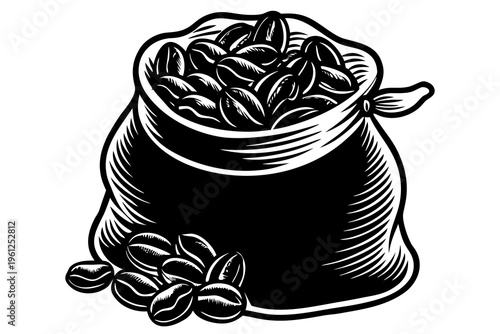 Sack of coffee beans illustrated in black and white style