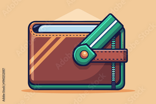 Leather wallet holding card on beige flat background