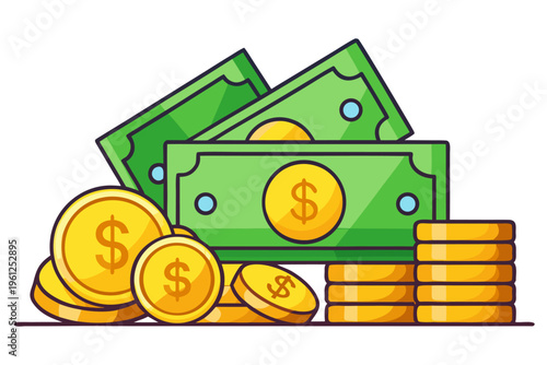 Stacked coins and banknotes arranged on white background